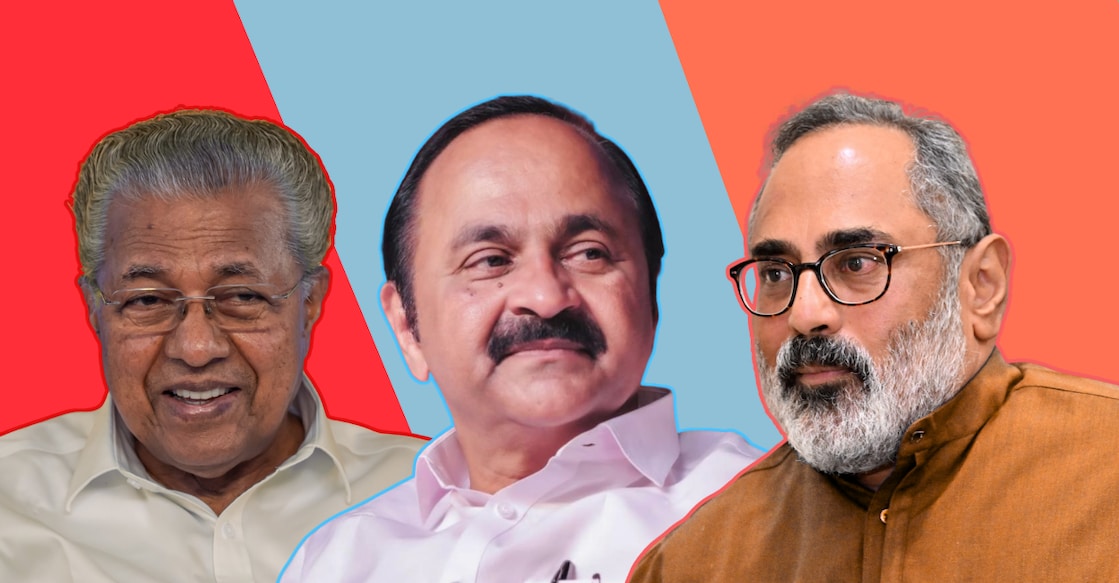 Pinarayi Vijayan, VD Satheesan and Rajeev Chandrasekhar. Photos: Facebook.