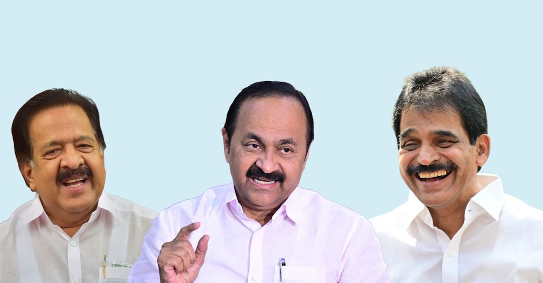 Senior leaders Ramesh Chennithala, VD Satheesan and KC Venugopal. Photo: Canva/Manorama