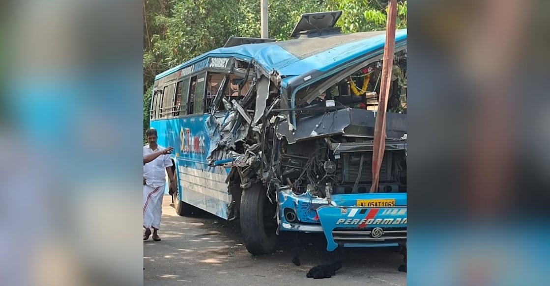 The private bus which collided head-on with a loaded truck at Edathala near Aluva in Kochi. Photo: Special Arrangement