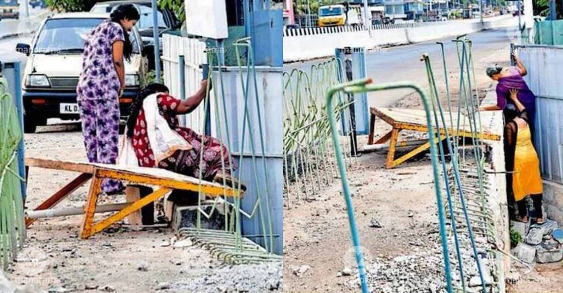 Combo image of locals attempting to climb down from the National Highway to their property after the pathway along the bypass was blocked with a wall (L) and residents entering the National Highway by climbing over stacked cement blocks after the route was sealed off with a concrete wall. Photo special arrangement
