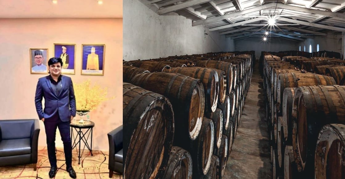 Chairman of PKGS Group Binesh Pallath, Brandy casks stored at PKGS' distillery in Armenia. Photo: Special Arrangement