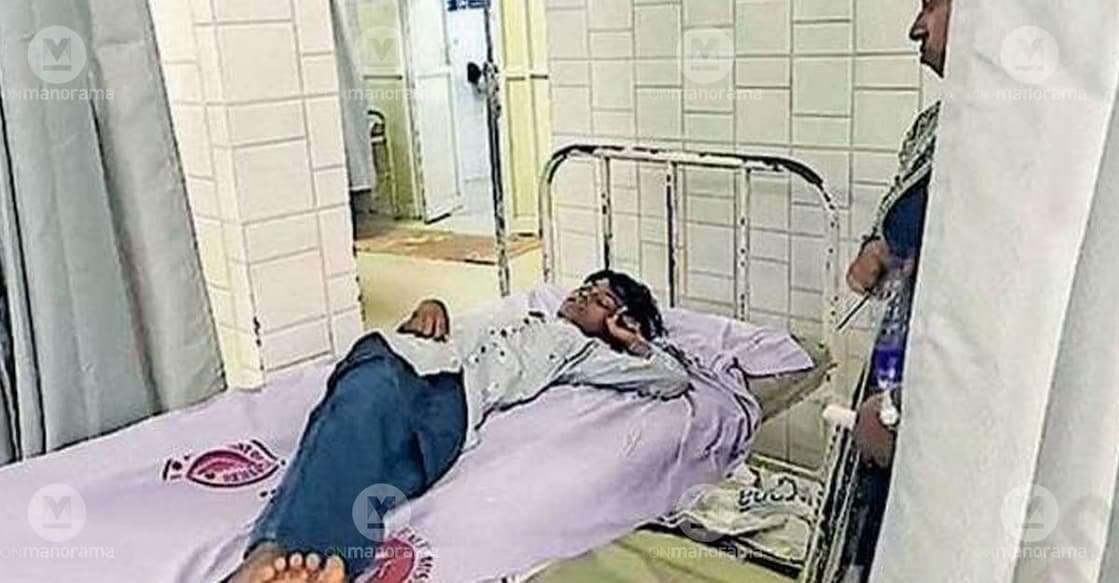 Alan R Saji undergoing treatment at the General Hospital in Neyyattinkara after suffering an electric shock. Photo: Special arrangement