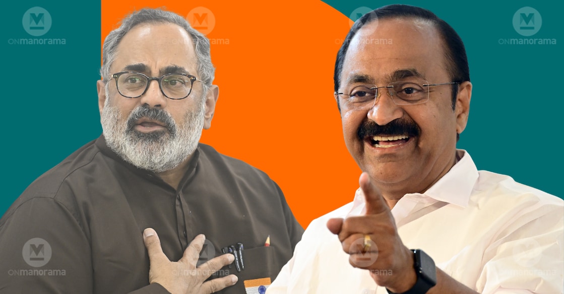 Rajeev Chandrasekhar and VD Satheesan. Photos: File/ Manorama. 