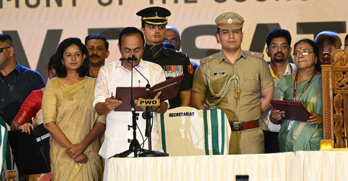 Chief Minister VD Satheesan takes oath during swearing-in ceremony on May 18, 2026. Photo: PRD