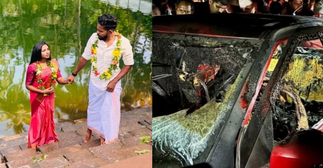 Sona and Rajin Lal (L) and the car that caught fire. Photo: Special arrangement