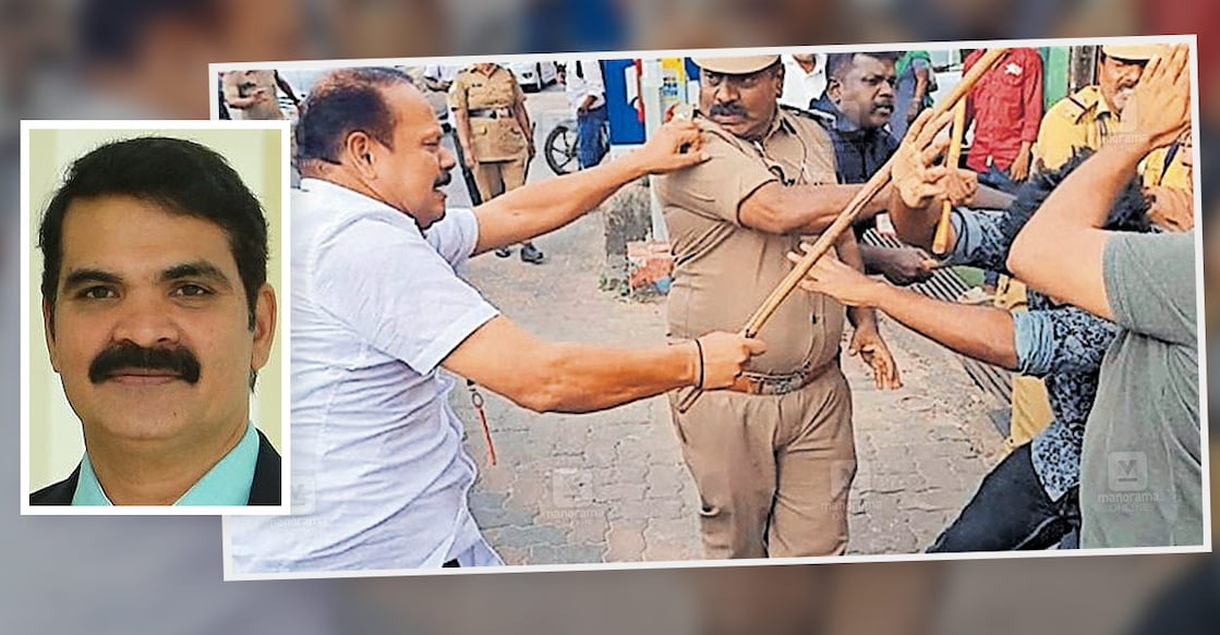 Shoukathali (in the inset) and CM's gunman Anilkumar assaulting protesters who waved black flags. Photo: Manorama