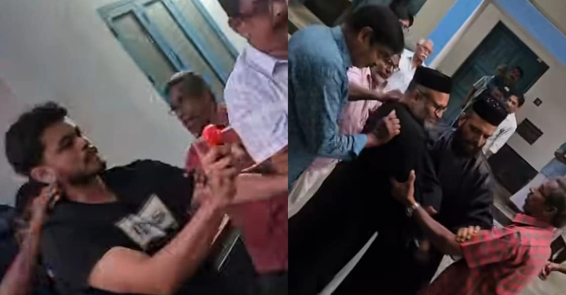 A youth using pepper spray against those who blocked the priest, the priests who were blocked and attacked. Photo: sjya_online/ Instagram screengrab