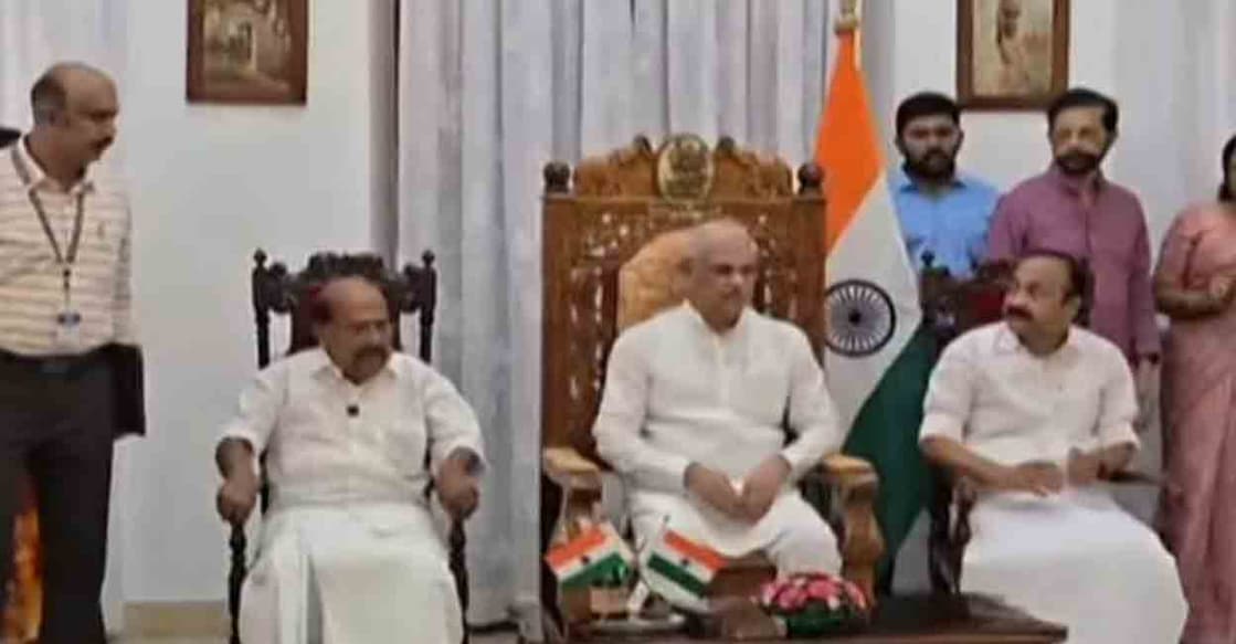 G Sudhakaran with Governor Rajendra Arlekar and Chief Minister VD Satheesan at Lok Bhavan. Photo: Screengrab/Manorama news