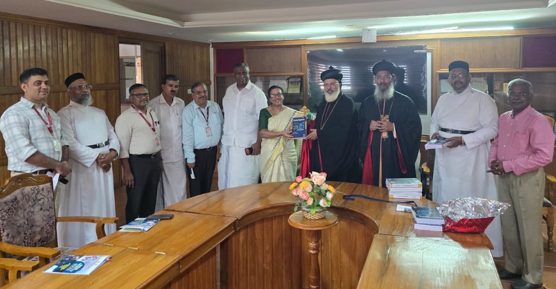 Left to right: Prof Elias Janson (Vice Principal), Fr Kuriakose Varghese (Governing Board Member), Dr Oommen Tharakan (Dean), George Jacob (Governing Board Member), Dr V I George (author), Rony Varghese Abraham (Lay Trustee), Dr Ciza Thomas (Vice Chancellor), H G Dr Yuhannon Mar Diascoros, H G Geevarghese Mar Theophilose, Fr Dr Thomas Varghese Amayil (Priest Trustee), and Dr Oommen Mammen (Director) during the release of the book Control Systems at Mar Baselios Christian College of Engineering and Technology. Photo: Special Arrangement. 