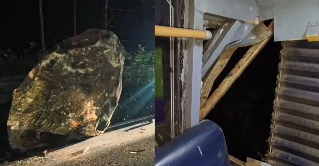 The boulder which fell on the KSRTC bus, the damaged rear end of the bus. Photo: Special Arrangement