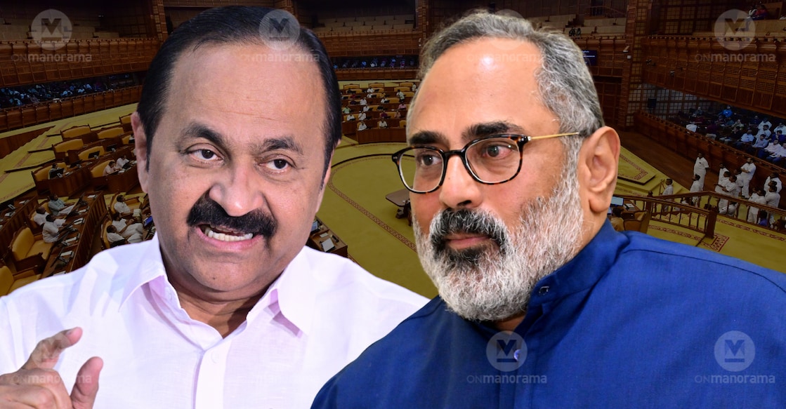 V D Satheesan and Rajeev Chandrasekhar. File Photos: Manorama. 