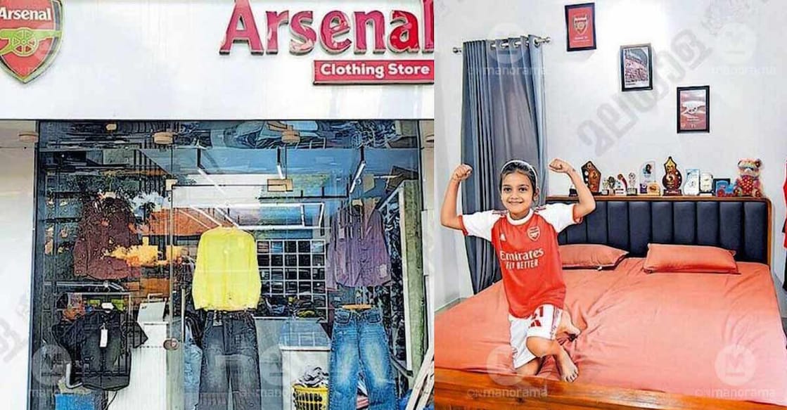 Combo image of V K Aleena, daughter of Karaparamba native Vellakkunnan Shakeer, in her bedroom at home, which features images of the Emirates Stadium (R) and the `Arsenal Clothing Store' at Kavanur market. Photo: Special arrangement