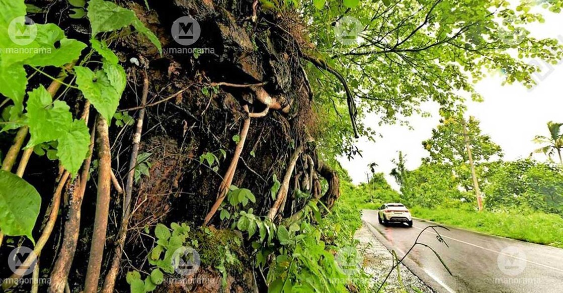 A precarious rock formation along the national highway near Peruvanthanam, posing a serious threat to motorists. Photo: Special arrangement