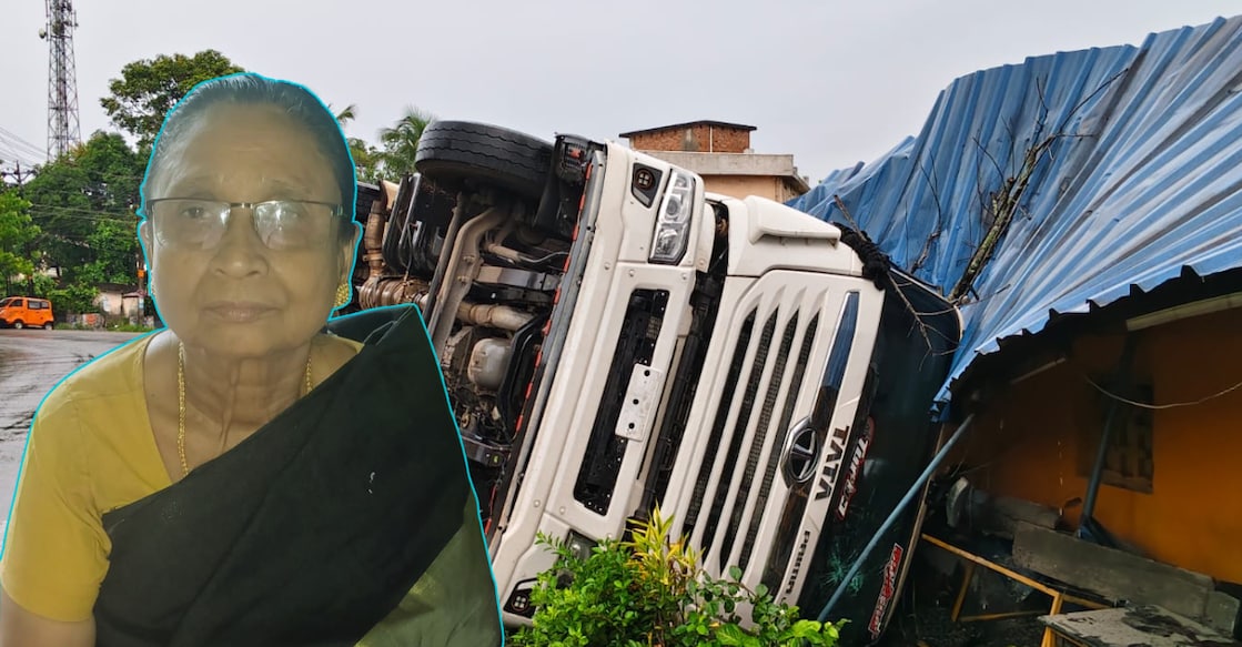 1) Mariyam Beevi. 2) The truck that overturned onto her house. Photos: Special Arrangement. 