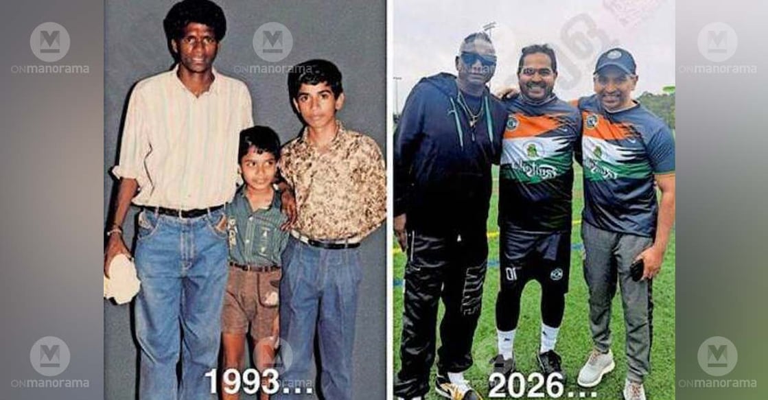 Sreejith and Sajith with I. M. Vijayan in two moments separated by 33 years. The first photograph was taken during Vijayan’s visit to the Palakkad Town Hall in 1993, while the second was clicked at a football tournament in the United States, where he attended as a special guest. Photo: Special arrangement