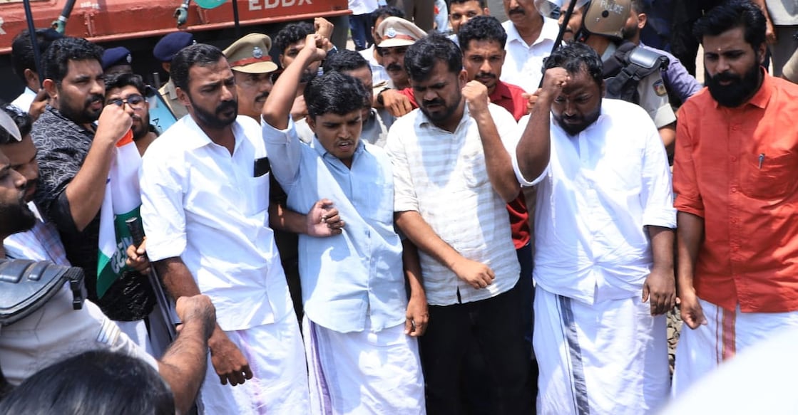 Youth Congress workers blocked the Coimbatore-Mangaluru Intercity Express at Kanhangad railway station. Photo: Special Arrangement