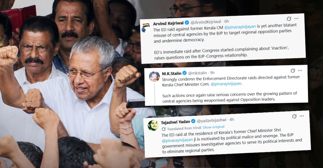 M K Stalin, Arvind Kejriwal, Tejashwi Yadav and D Raja strongly criticised ED action against Pinarayi Vijayan. Image: X, Onmanorama

