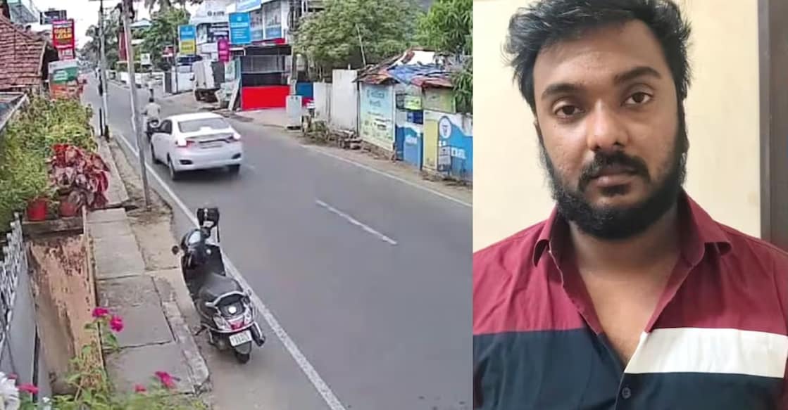 1) CCTV visuals of the accused ramming his uncle with a car. (Photo: Screengrab/ Manorama News), 2) Abhijith Prasad. (Photo: Special Arrangement)