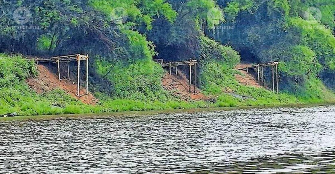 Temporary wooden fishing platforms set up at Marakkadavu on the banks of the Kabani river in preparation for the annual monsoon fishing season. Photo: Special arrangement