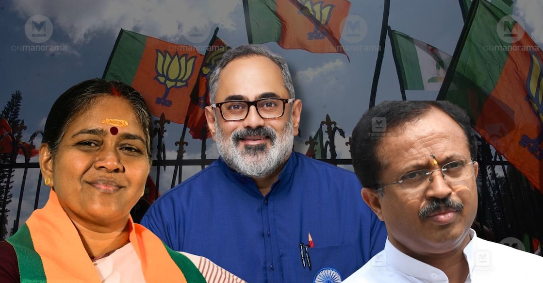 Sobha Surendran, Rajeev Chandrasekhar, V Muraleedharan. Photo: Onmanorama