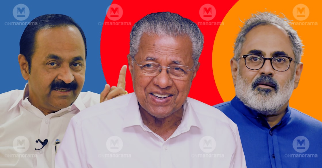 VD Satheesan, Pinarayi Vijayan and Rajeev Chandrasekhar. Photos: File/ Manorama.