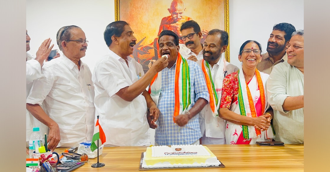T K Govindan in DCC office to celebrate his victory. Photo: Special arrangement