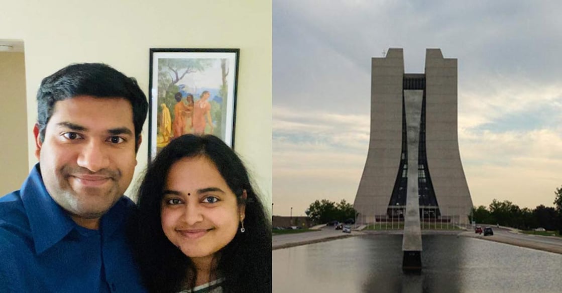 Suvarna Ramachandran (R) and Jimin George; the central laboratory at Fermilab, Chicago. Photo: Special arrangement