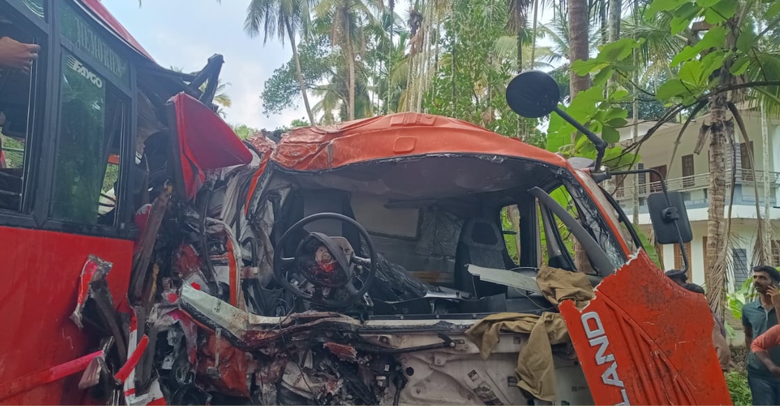 A private bus collided head-on with a tanker truck on the state highway at Velliyoor. Photo: Special Arrangement. 