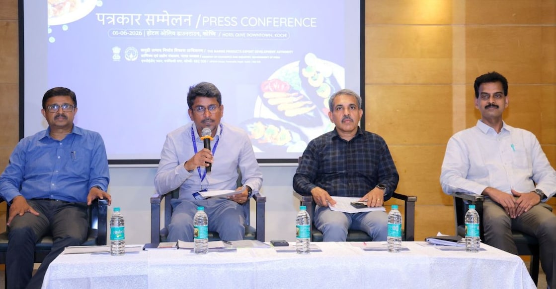 P Jawahar, IAS, Chairman, Marine Products Export Development Authority (MPEDA), announcing the details of India’s seafood exports for 2025-26 in Kochi on Monday. Also seen from Left to Right:  Ram Mohan MK, Director, Gibin Kumar TR, Secretary and Anil Kumar P, Joint Director (Marketing). Photo: Special Arrangement