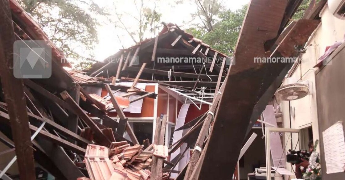 The collapsed roof of the SSK building at the Government Central High School at Attakulangara. Photo: Manorama News