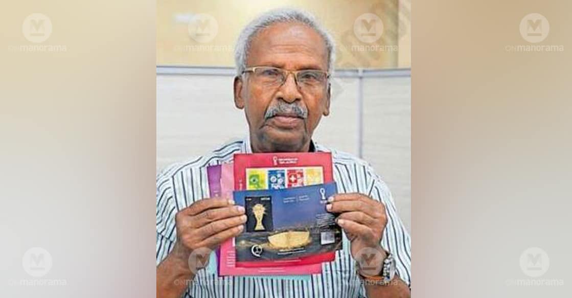 Joseph Perera with his collection of FIFA football stamps. Photo: Special arrangement