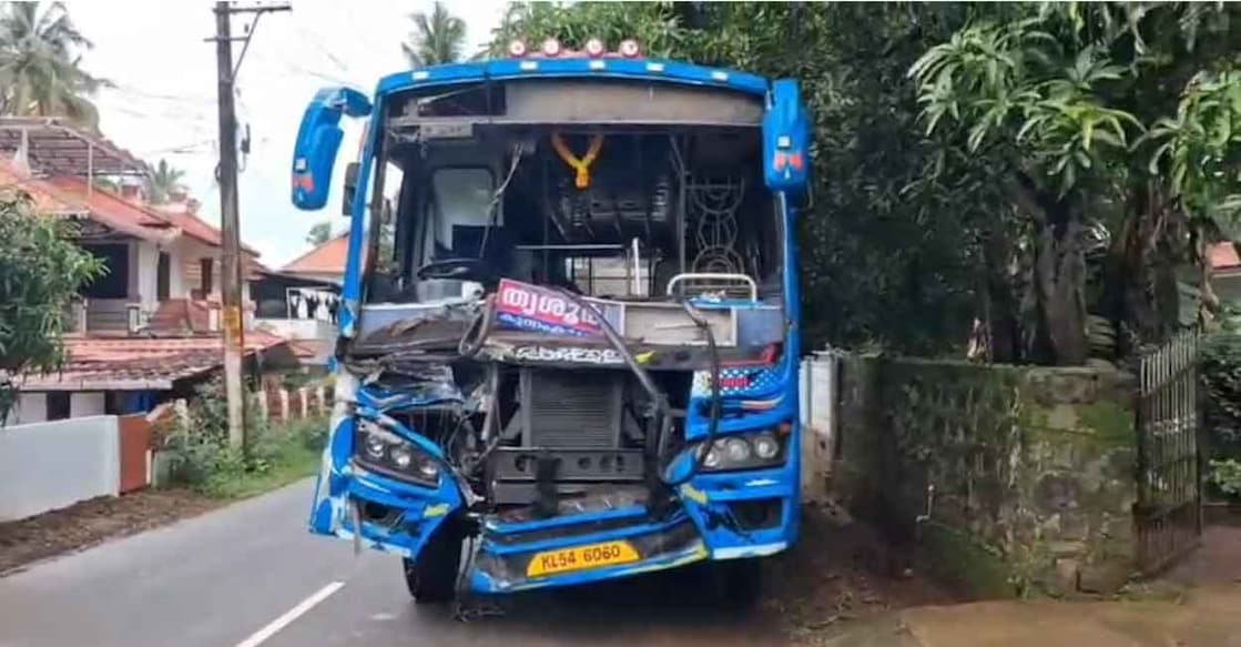 Two private buses collide at Asharippadi in Choondal near Kunnamkulam. Photo: Special arrangement
