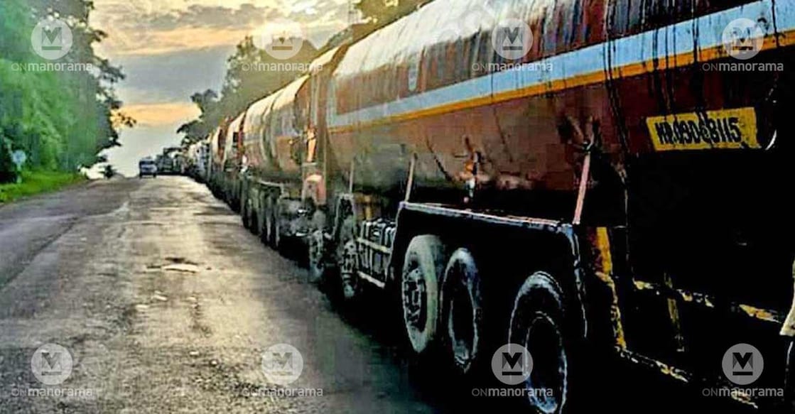 Rows of tanker lorries parked illegally along Ambalamugal Refinery Road. Photo: Special arrangement