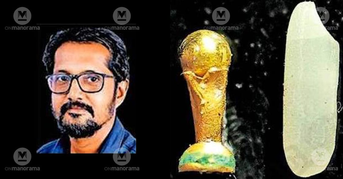 Combo image of Venkitesh Acharya (L) and a replica of the FIFA World Cup trophy crafted by him set beside a rice grain. Photo: Special arrangement