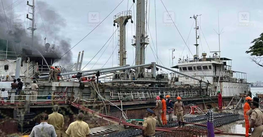 Barge catches fire in Vypin. Photo: Manorama