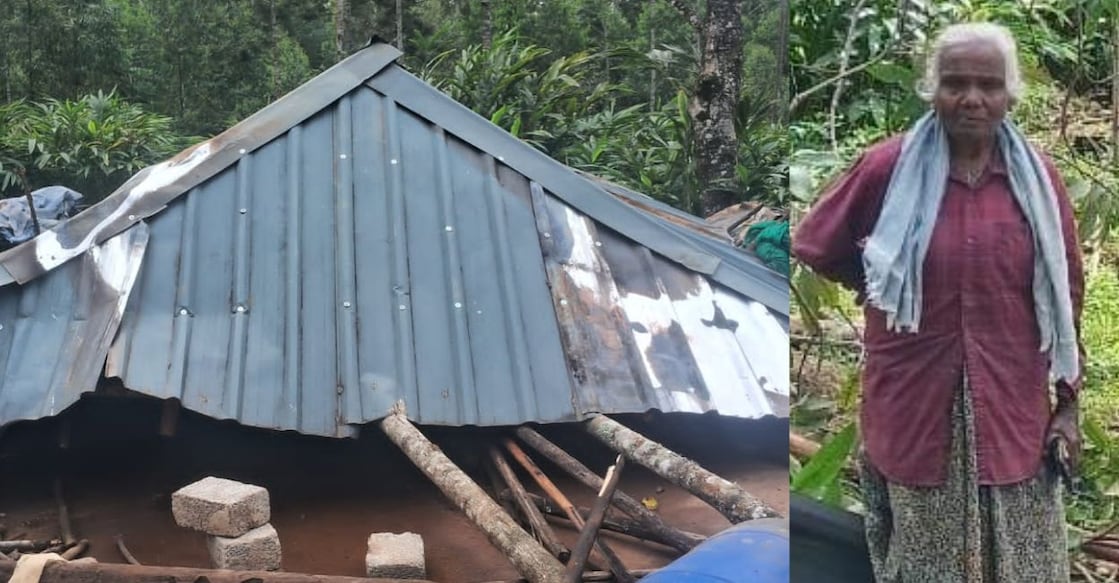 The hut destroyed by the elephant and Mariyakutty (R). Photo: Special arrangement