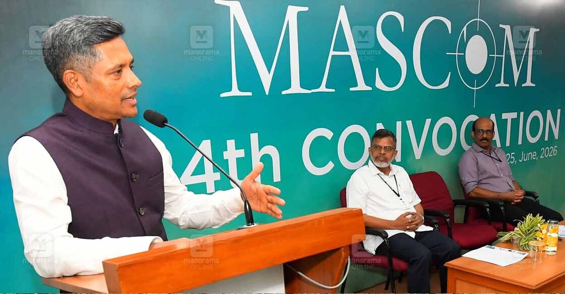 Chief Minister's Secretary Rathan U Kelkar delivering the keynorte address during the 24th graduation ceremony of MASCOM. MASCOM Director V M Rajasekhar and Assistant Director S Radhakrishnan are also seen. Photo: Manorama