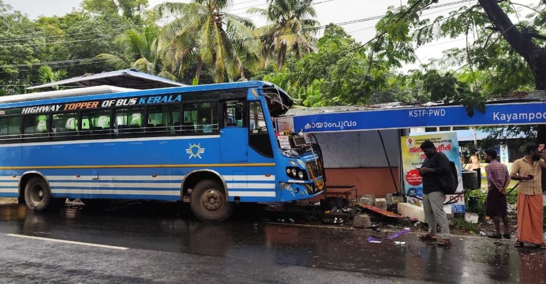 The private bus that crashed into a bus waiting shelter in Thrissur. Photo: Special Arrangement. 