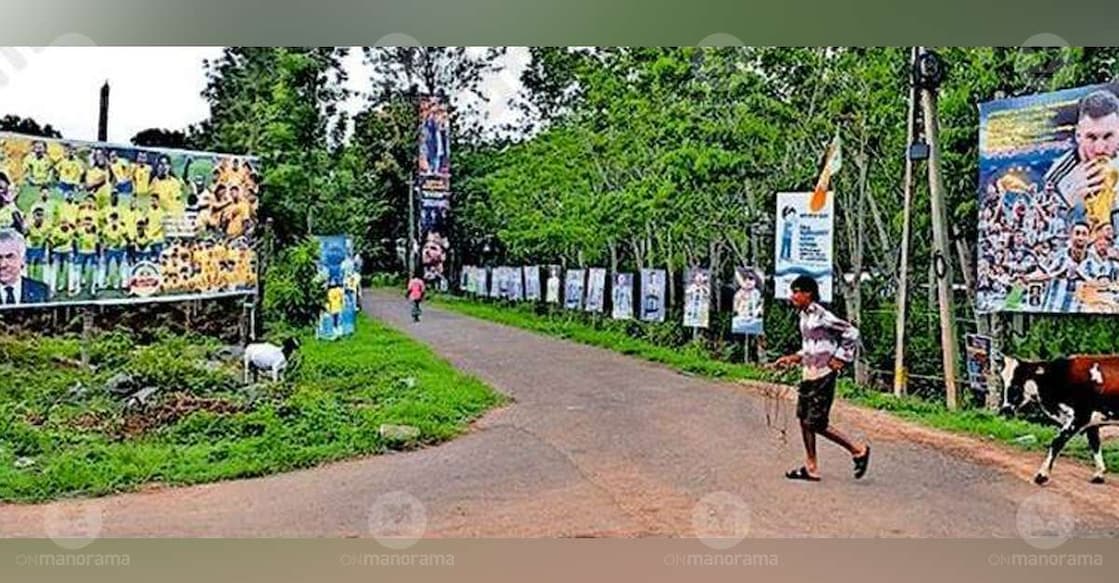 Flex boards showcasing the favourite teams of football fans in Krugannoor, Kabanigiri, reflect the World Cup fever sweeping through the village. Photo: Special arrangement