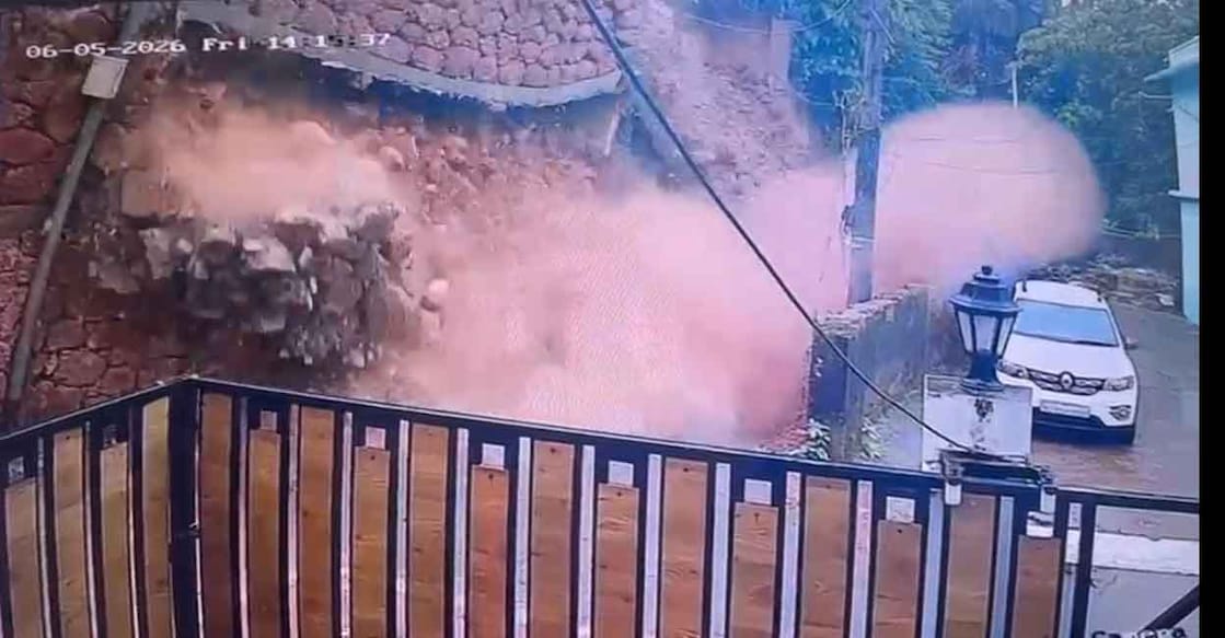 10-metre compound wall of CSI Church collapses in Kanhangad. Photo: Special arrangement