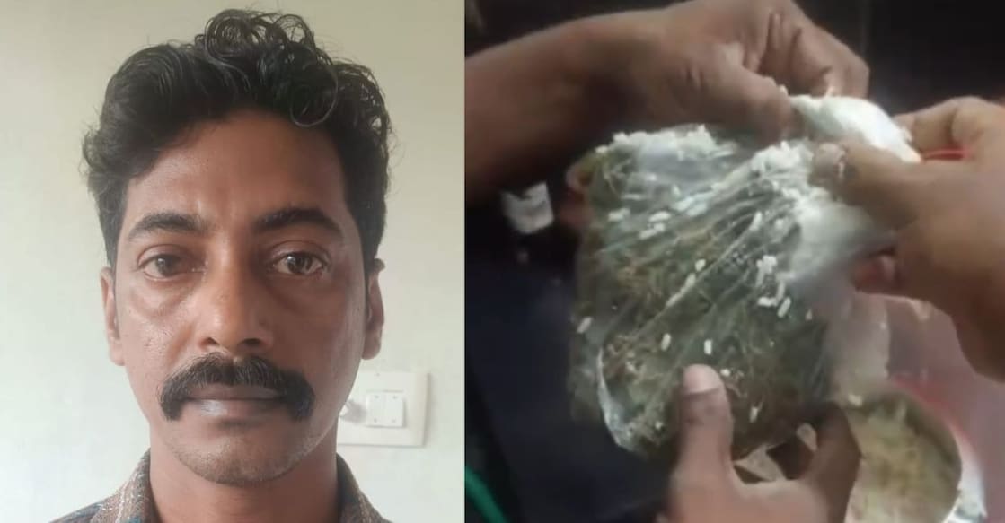 Bineesh (40), the ganja seized from inside the pressure cooker. Photo: Special Arrangement