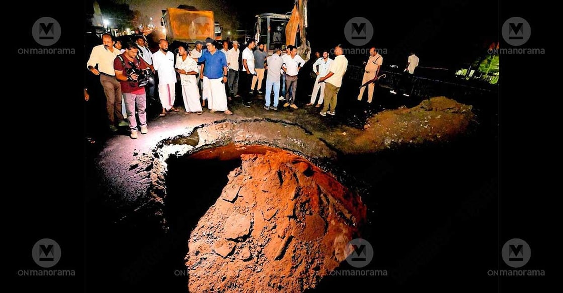 A crater formed on a newly constructed National Highway overbridge at Cherthala in Alappuzha district. Photo: Manorama