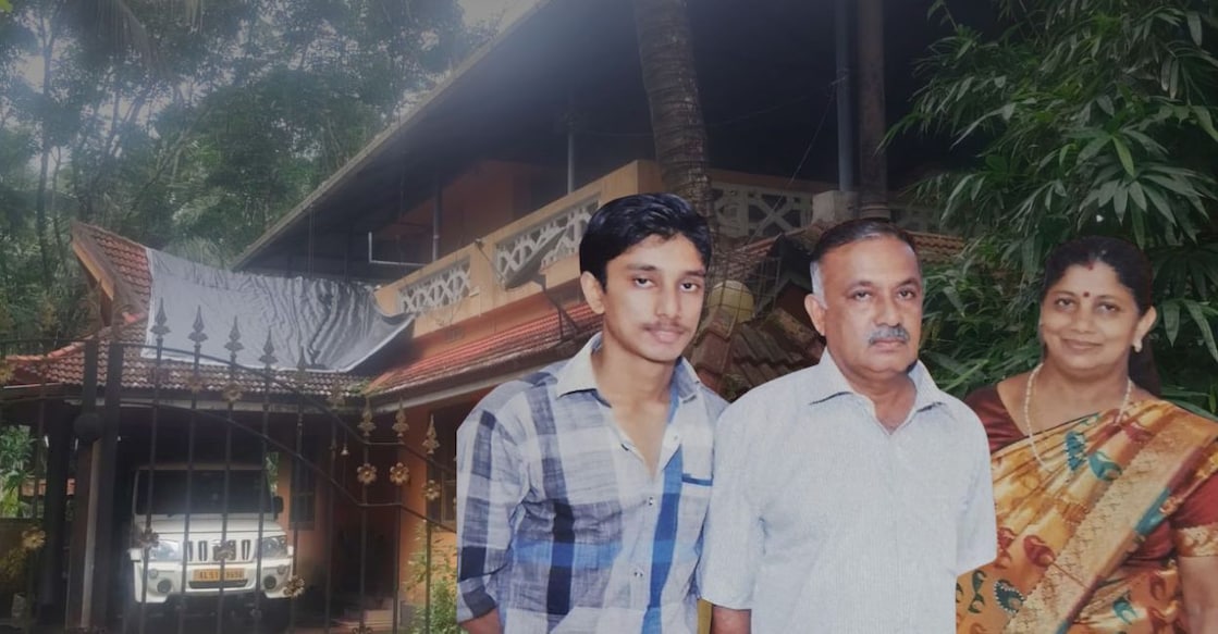 Babu Bhaskaran, his wife Ramadevi and their younger son Vishnu Babu, who have been missing since July 9. Their house in Panayoor, Vaniyamkulam, Palakkad, is seen in the background. Photo: Special Arrangement
