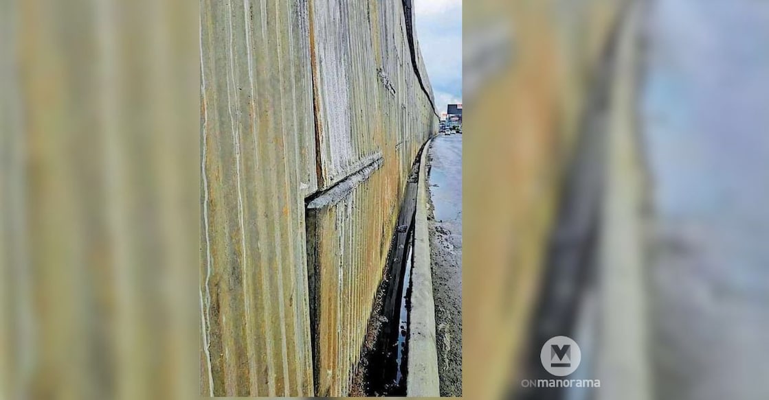 A concrete block protruding outward from the retaining wall of the Amballur flyover. Photo: Special Arrangement 
