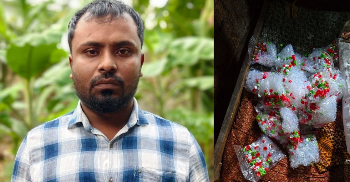 A combination image showing Shefeeq-ul Islam alias 'Dada' (L) and the small bottles used for selling heroin seized by the police. Photo: Special arrangement