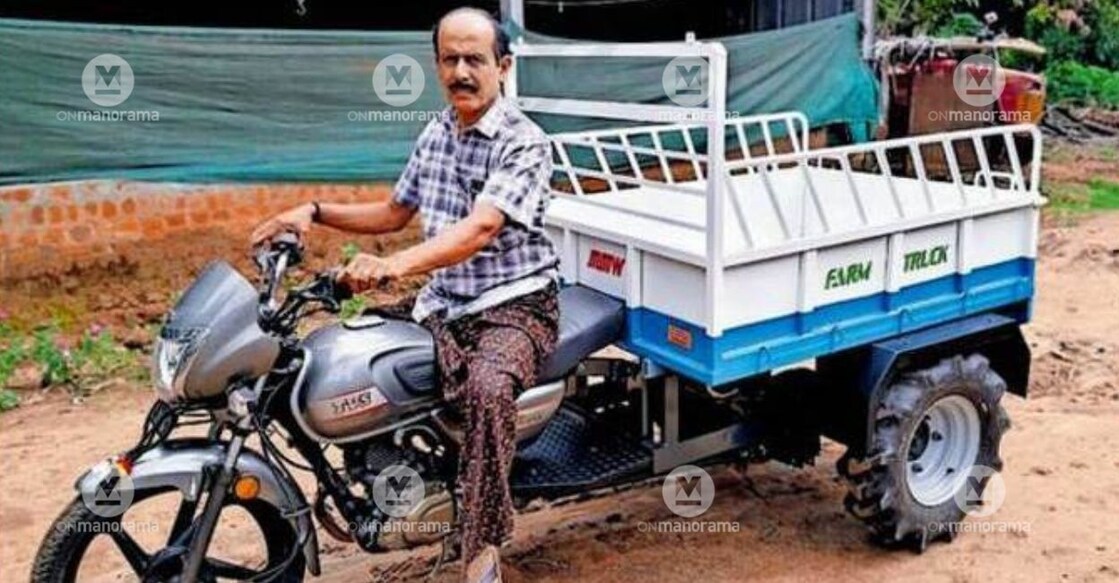 M  Sadasivan with his bike mounted farm truck, designed for use in agricultural fields. Photo: Special Arrangement