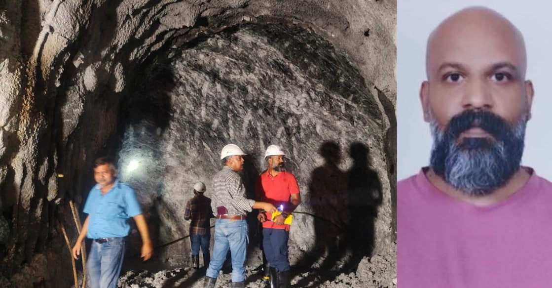 Anish Mohan (red T-shirt) with the team of NTPC consultants and civil engineers who visited the tunnel site for inspection. Inset: Anish Mohan. Photos: Special Arrangement.
