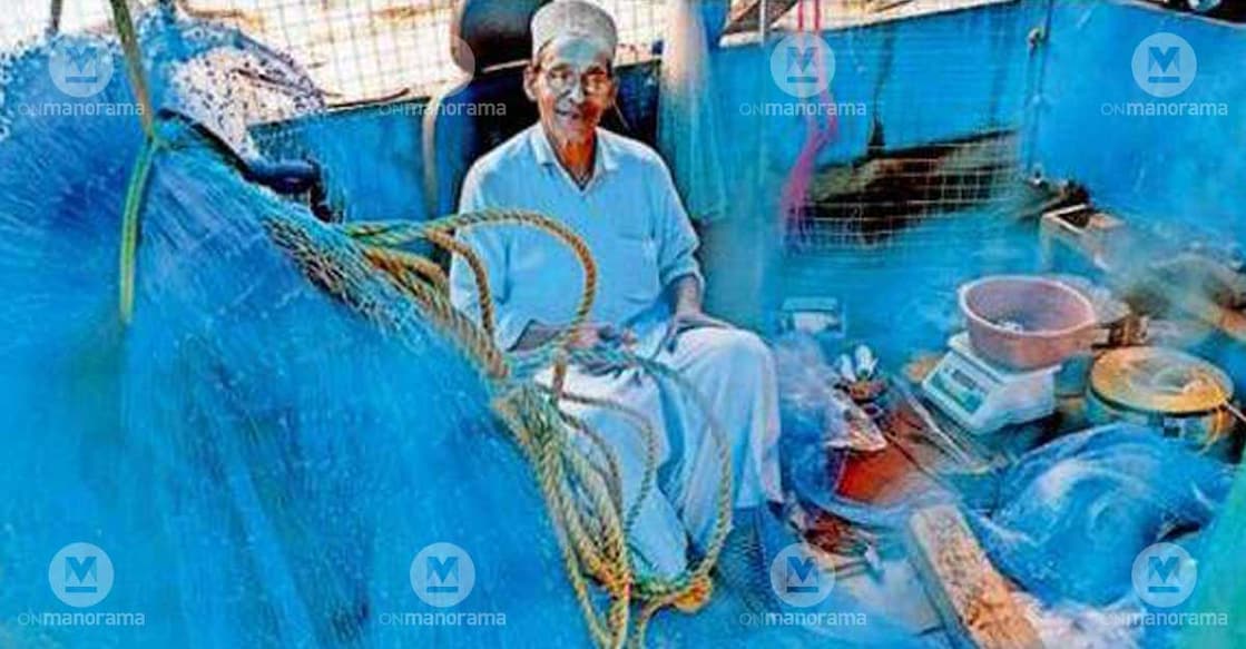 K M Abdullah, a traditional fishing net weaver, at work in Kuppadithara. Photo: Special arrangement