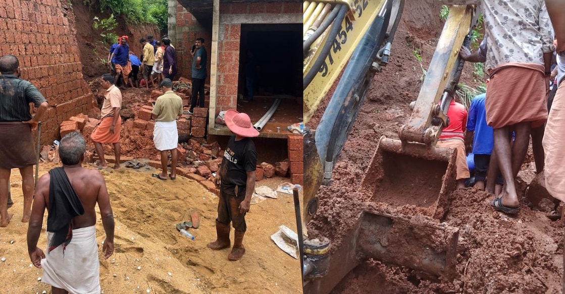 A combination image showing the site of the embankment collapse (L) and efforts to rescue the workers. Photo: Special arrangement