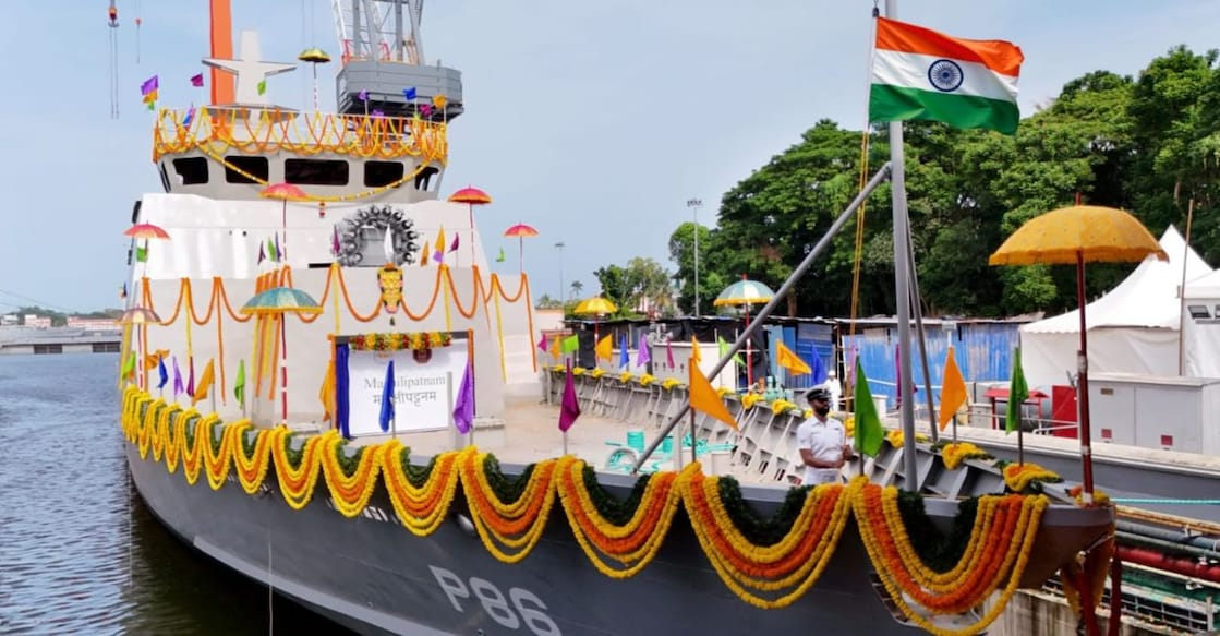 Machilipatnam, the seventh vessel in a series of eight Mahe-class Anti-Submarine Warfare Shallow Water Craft (ASW SWC) being built for the Indian Navy. Photo: Special Arrangement. 
